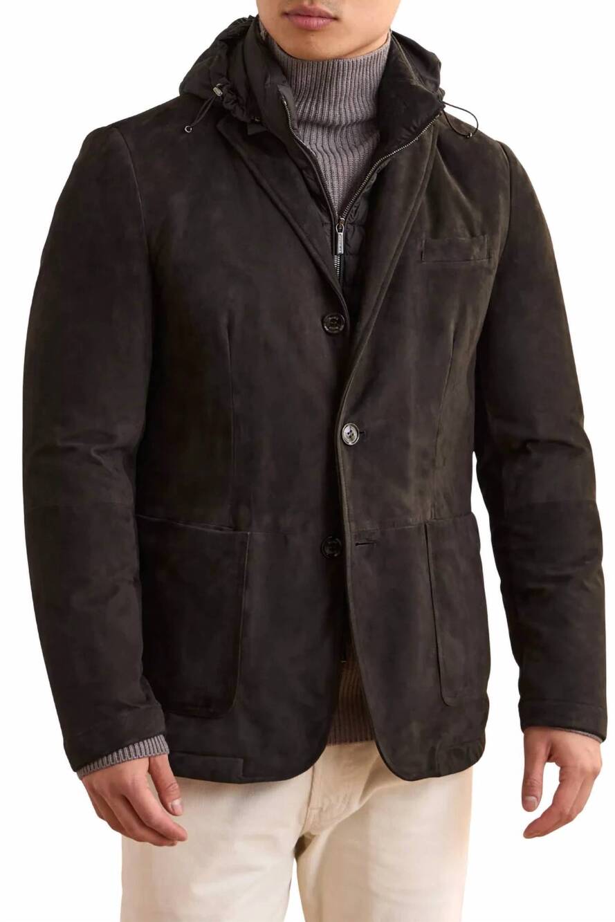 NEW MOORER suede hooded jacket in fondente